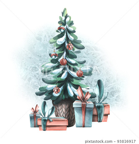 Christmas composition with a Christmas tree decorated with balloons, with gifts and an ice spot. Watercolor illustration from a large set of COZY WINTER. For decoration and decoration, decor Christmas composition with a Christmas tree decorated with balloons, with gifts and an ice spot. Watercolor illustration from a large set of COZY WINTER. For decoration and decoration, decor 93816917