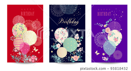 Birthday poster with decorative balloons and flowers 93818432