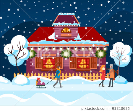 Winter City in Snowfall, People Passing By House 93818625