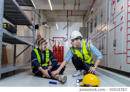First aid support accident at work of worker at factory. First aid support accident at work of worker at factory. 93818767
