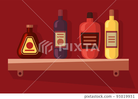 Bottles on Shelf, Alcohol Drink, Beverage Vector Bottles on Shelf, Alcohol Drink, Beverage Vector 93819931