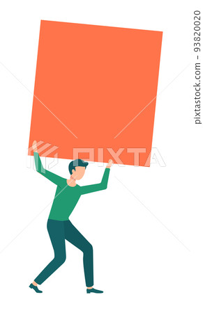 Young Man Holding Big Orange Advertising Poster Young Man Holding Big Orange Advertising Poster 93820020