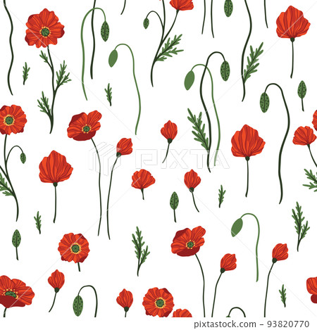 Seamless pattern with red poppy flowers and buds on white. Seamless pattern with red poppy flowers and buds on white. 93820770