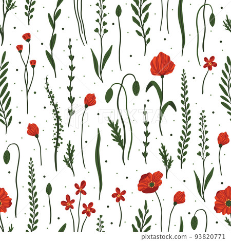 Red poppy florals and garden flowers. Seamless pattern illustration.hand drawn style ,Design for fashion ,fabric,wallpaper, prints Red poppy florals and garden flowers. Seamless pattern illustration.hand drawn style ,Design for fashion ,fabric,wallpaper, prints 93820771
