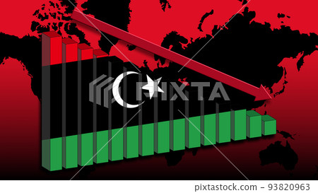 Libyan economy down, the crisis has arrived, the flag of the country on a chart that is going down. In the background the world map Libyan economy down, the crisis has arrived, the flag of the country on a chart that is going down. In the background the world map 93820963