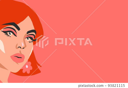 Hand drawn vector abstract stock flat graphic illustration print with retro vintage groovy hippie 60s,70s boho modern female portrait with daisy flowers in her hair isolated on color backhround. Hand drawn vector abstract stock flat graphic illustration print with retro vintage groovy hippie 60s,70s boho modern female portrait with daisy flowers in her hair isolated on color backhround. 93821115
