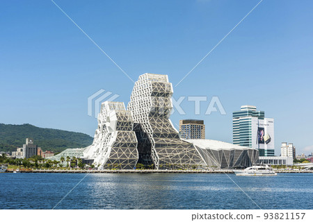 Building view of Kaohsiung Music Center in Taiwan. The white hexagonal building structure on the shore of Kaohsiung Port. 93821157