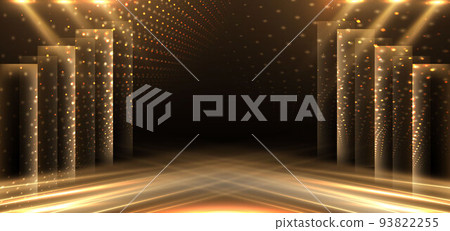 Elegant golden stage diagonal glowing with lighting effect sparkle on black background. Template premium award design. Elegant golden stage diagonal glowing with lighting effect sparkle on black background. Template premium award design. 93822255