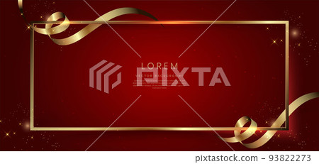 Abstract 3d gold curved ribbon on red background with lighting effect and sparkle with copy space for text. Luxury frame design style. 93822273