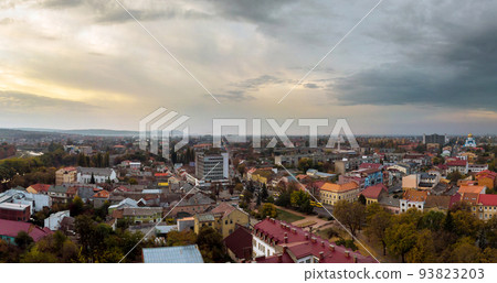 An old part of the European city Uzhgorod in Transcarpathia Ukraine is seen this aerial view 93823203
