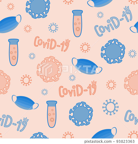 Corona virus pattern. Medicine coronavirus vaccine background, health infographic with microbe, masks and test tube. prevention covid-19. Doodle elements. Clinic decor textile vector seamless backdrop 93823363