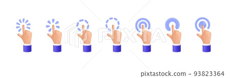 3D hands click cursor. Finger render touch emoji elements. Human forefinger pushing digital sensor button. Emoticon expression. Pointing of greeting arm. Users body gesture signs. Vector web icons set 93823364