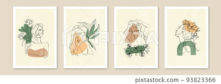Abstract line art woman face, floral drawing. Beauty minimalist background, modern painting, hand drawn girl portraits and botanical elements. Contemporary posters, clothes prints. Vector illustration 93823366