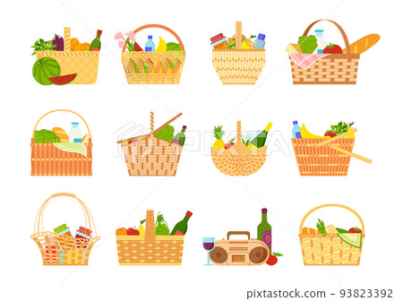 Wicker picnic baskets. Full hamper bags for barbeque. Isolated traditional straw weave containers. Fruits and vegetables. Wine glass bottles. Food products. Outdoor lunch. Vector flat illustration set Wicker picnic baskets. Full hamper bags for barbeque. Isolated traditional straw weave containers. Fruits and vegetables. Wine glass bottles. Food products. Outdoor lunch. Vector flat illustration set 93823392