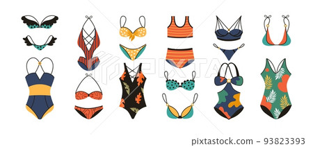 Female swimsuit. Beach bra and panties. Bikini collection. Cartoon swimwear. Fashion woman summer swimming clothing with flowers and stripes. Colorful underwear for sunbathing. Vector isolated set Female swimsuit. Beach bra and panties. Bikini collection. Cartoon swimwear. Fashion woman summer swimming clothing with flowers and stripes. Colorful underwear for sunbathing. Vector isolated set 93823393