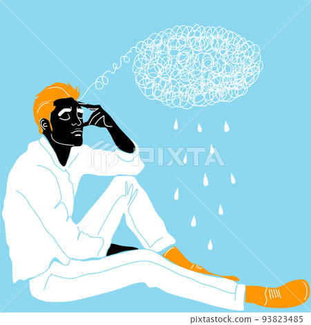 A young guy is sitting and holding his head with his hand meditating. Sadness, depression and thoughts. The concept of excitement, insecurity, mental illness, sadness and fatigue 93823485