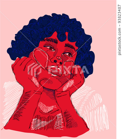 A young curly-haired guy, frustrated and depressive, looks to the side thoughtfully. Pencil and pen style. Modern authentic vector art on a pink background. Mental and psychological problems, anxiety 93823487