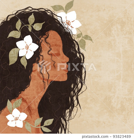 Avatar of elegant girl in profile in boho authentic modern style. Girl in white flowers. The concept of beauty, femininity and tenderness. Modern contemporary illustration for a poster or postcard Avatar of elegant girl in profile in boho authentic modern style. Girl in white flowers. The concept of beauty, femininity and tenderness. Modern contemporary illustration for a poster or postcard 93823489
