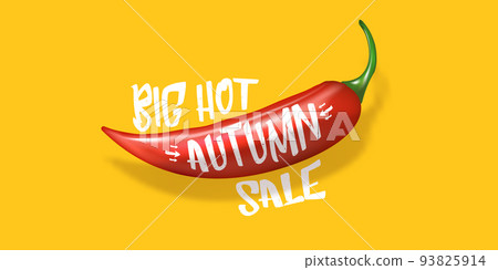 Big Hot Autumn sale horizontal banner with red chili cayenne pepper isolated on orange background. Vector 3d horizontal Autumn hot sale poster, flyer, banner, tag and background 93825914