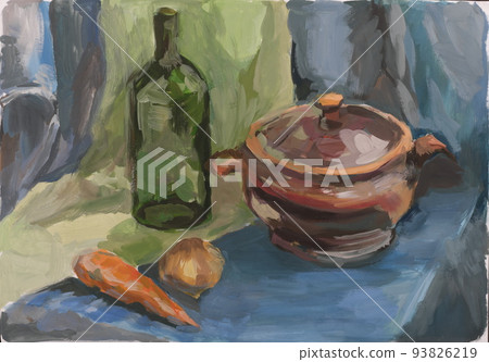 still life painting, picture of a bottle and clay pot on a table next to a carrot and onion. classic technique with gouache paint. still life painting, picture of a bottle and clay pot on a table next to a carrot and onion. classic technique with gouache paint. 93826219