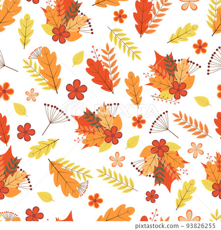 Autumn seamless pattern. Colorful leaves, flowers, and berries. Fall vector background. Perfect for fabric, scrapbooking, wrapping paper, etc Autumn seamless pattern. Colorful leaves, flowers, and berries. Fall vector background. Perfect for fabric, scrapbooking, wrapping paper, etc 93826255
