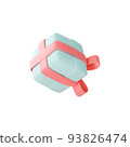 Cute pastel gift box. 3D render holiday surprise box. Flying blue box with pink ribbon. 93826474