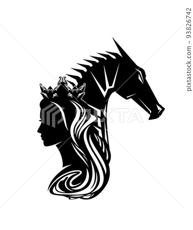 black vector silhouette portrait of fairy tale queen with dragon head 93826742