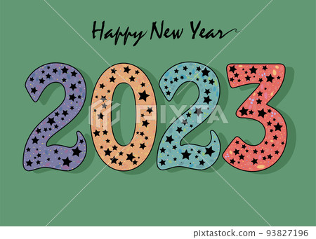 Happy New Year 2023. Colorful number with black stars decor. Gothic New Year. Green Background.Vector Illustration Happy New Year 2023. Colorful number with black stars decor. Gothic New Year. Green Background.Vector Illustration 93827196