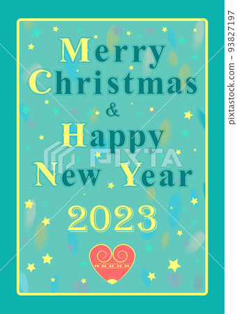 Merry Christmas and Happy New Year 2023. Yellow and Green Text with Yellow Number and Red Heart. Artistic font with retro decor. Green background with stars and watercolor blurs. Vector Illustration Merry Christmas and Happy New Year 2023. Yellow and Green Text with Yellow Number and Red Heart. Artistic font with retro decor. Green background with stars and watercolor blurs. Vector Illustration 93827197