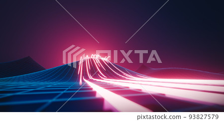 3d rendering blue neon wireframe ground with close up red light trails . Abstract technology background. 3d rendering blue neon wireframe ground with close up red light trails . Abstract technology background. 93827579