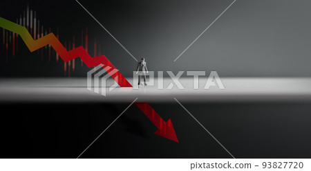 Recession, Inflation and Depression Concepts. Economic Crisis. Graph Fall Down, Business Collapse. a Miniature Figure of Businessman Looking at a Red Graph Arrow Down 93827720