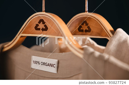 Recycling Products Concept. Organic Cotton Recycling Cloth. Zero Waste Materials. Environment Care, Reuse, Renewable for Sustainable Lifestyle. Recycle Icon show on Clothes Hanger 93827724