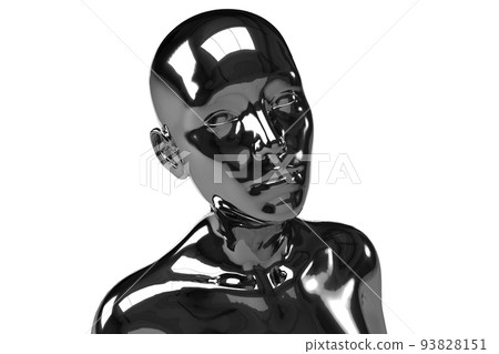 3d illustration of a female bald silver head on a white background. Metal mannequin. 3d illustration of a female bald silver head on a white background. Metal mannequin. 93828151