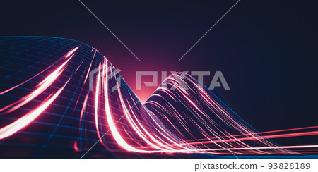 3d rendering blue neon wireframe mountain with close up red light trails . Abstract technology background. 3d rendering blue neon wireframe mountain with close up red light trails . Abstract technology background. 93828189