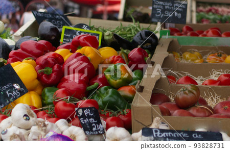 Fruit and vegetables at a French open market, loose produce with no plastic packaging 93828731