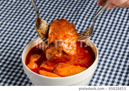Chicken Massaman Curry on white bowl. Muslim curry or mussaman curry. Chicken Massaman Curry on white bowl. Muslim curry or mussaman curry. 93828853