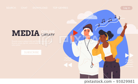 Listen to music in headphone landing page. Online media library. Website template. People in musically therapy. Happy man and woman. Persons with headset. Vector illustration background 93829981