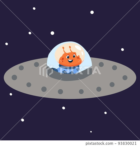 cartoon alien cosmonaut in flying saucer. Astronaut in outer space, childish print or poster, cute monster character in spacesuit. Galaxy discovery, vector cartoon flat illustration 93830021