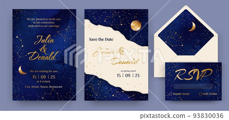 Wedding greeting cards night starry design. Moonlight and astrology constellations. Abstract dark fantasy. Moon and star. Evening space. Bridal banners. Vector marriage invitations set 93830036