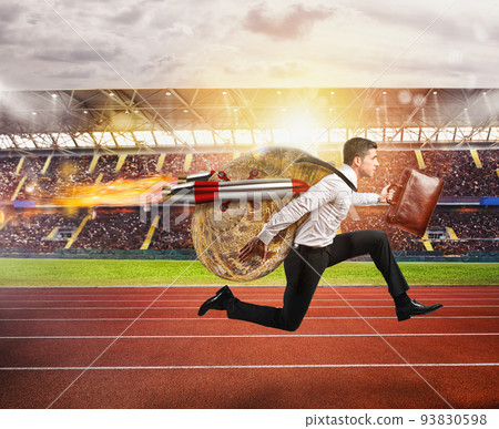 Businessman slow like a snail runs fast thanks to rockets 93830598