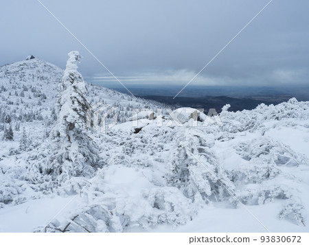 winter landscape with Mountain hut Vosecka Bouda and snowy spruce tree forest with snow covered conifers. Krkonose Mountains, Czech Republic, cloudy day. winter landscape with Mountain hut Vosecka Bouda and snowy spruce tree forest with snow covered conifers. Krkonose Mountains, Czech Republic, cloudy day. 93830672