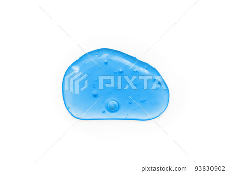 Blue cosmetics gel, serum or peeling drop isolated on white background. Oily slime with air bubbles in the sunlight. High contrast trendy beauty pattern. Health protection and self-care concept. 93830902