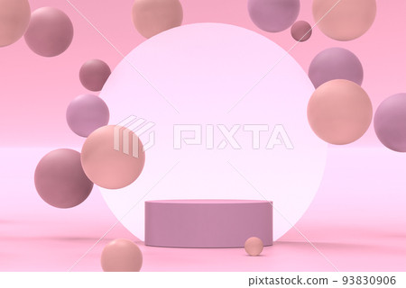 Abstract 3d rendering of podium for cosmetics, perfume, products presentation. Ready made scene. Geometric figures flying next to pink matte pedestal. Futuristic stand mockup 93830906