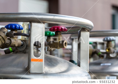 Valves of nitrogen, Helium, Oxygen tank and Gas Pressure Meter with Regulator. Gas tank. 93831232