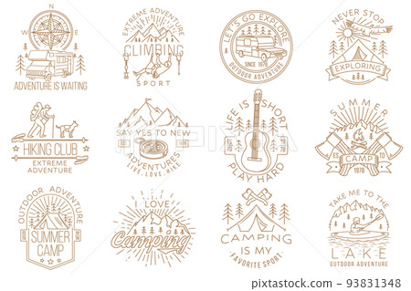 Set of camping badges design on chalkboard. Vector illustration. Concept for shirt or logo, print, stamp or tee. Vintage line art typography design with man in canoe, lake, camper rv , tent and forest 93831348