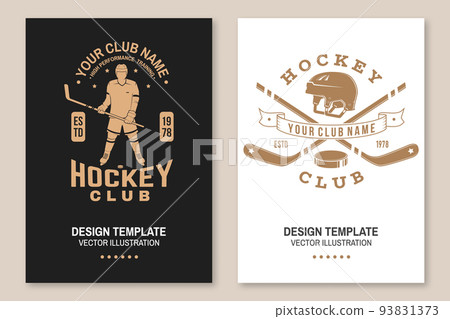 Ice Hockey club logo, badge design. Concept for shirt or logo, print, stamp or tee. Winter sport. Flyer, brochure, banner, poster with player, sticker, puck helmet and skates silhouette. Vector. Ice Hockey club logo, badge design. Concept for shirt or logo, print, stamp or tee. Winter sport. Flyer, brochure, banner, poster with player, sticker, puck helmet and skates silhouette. Vector. 93831373