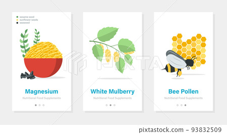 Nutritional food supplements vector onboarding collection. Isolated vertical templates with products illustrations Nutritional food supplements vector onboarding collection. Isolated vertical templates with products illustrations 93832509