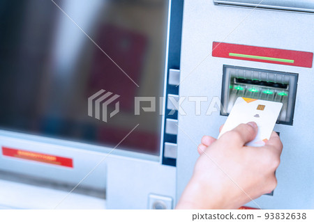 Atm machine screen. Hand holding money bank credit card. Withdraw money cash from atm. Money stack, bank credit card. Atm machine screen. Hand holding money bank credit card. Withdraw money cash from atm. Money stack, bank credit card. 93832638