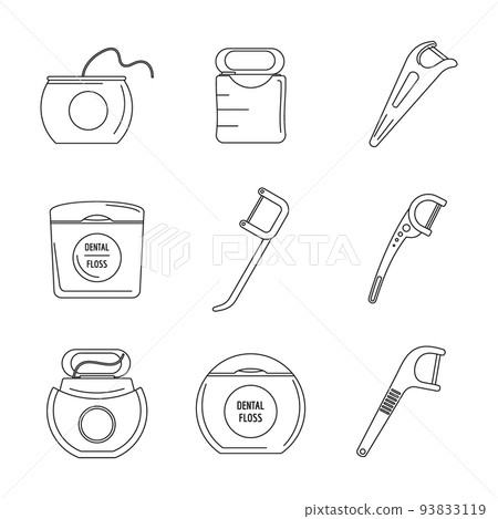Floss dental teeth icons set, outline style 93833119