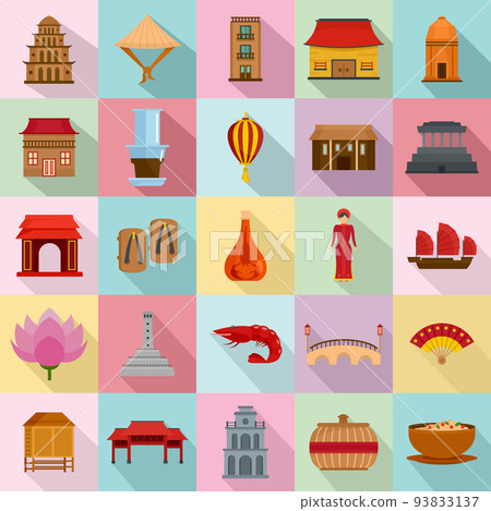 Vietnam travel tourism icons set flat style Vietnam travel tourism icons set flat style 93833137